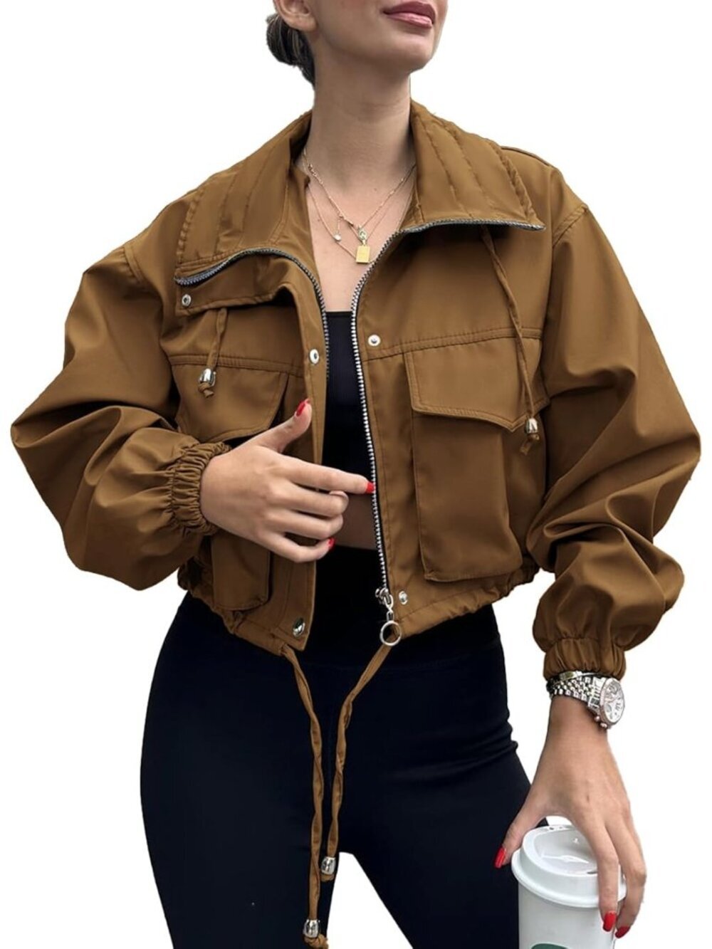 Women's Brown Cropped Jacket Zip Up Lightweight Trendy Oversized With Pocket
